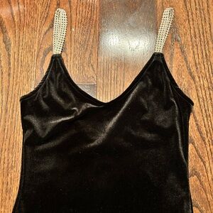 Forever 21 Black Velvet Bodysuit with Silver Rhinstone Straps